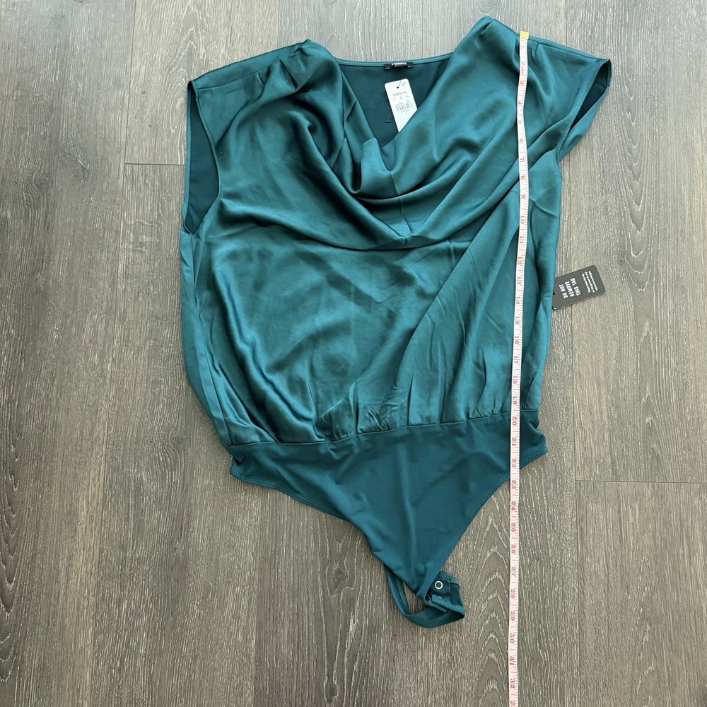 Express NWT Green Satin Cowl Neck Bodysuit Sz Large Goth Party Cocktail Grunge - Picture 10 of 10